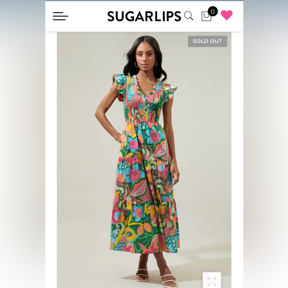 Sugarlips Lanai Multi Tropics Sunfire Smocked Bodice Tiered Midi Dress